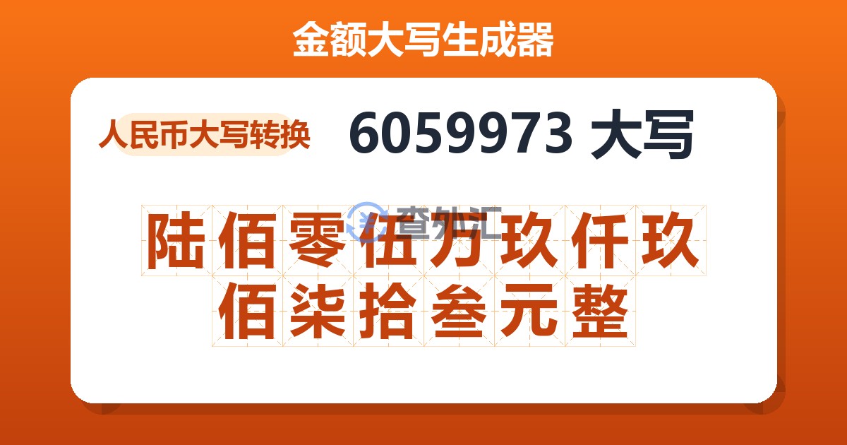 6059973大写 陆佰零伍万玖仟玖佰柒拾叁元整