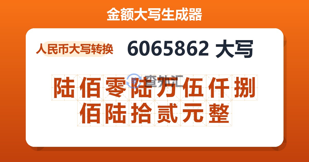 6065862大写 陆佰零陆万伍仟捌佰陆拾贰元整