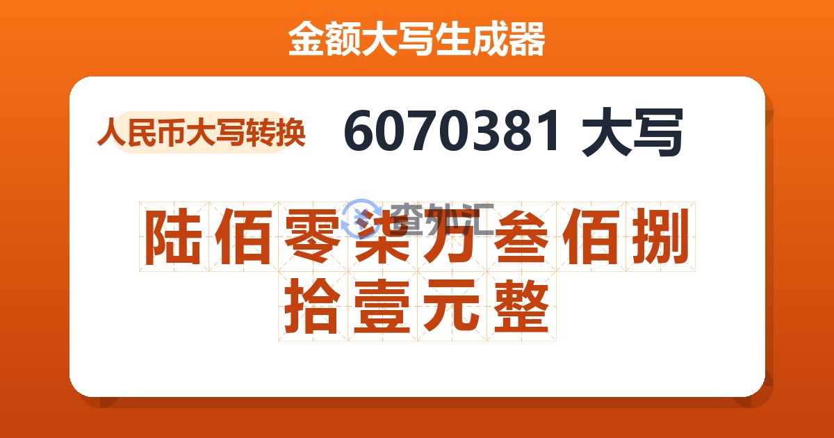 6070381大写 陆佰零柒万叁佰捌拾壹元整