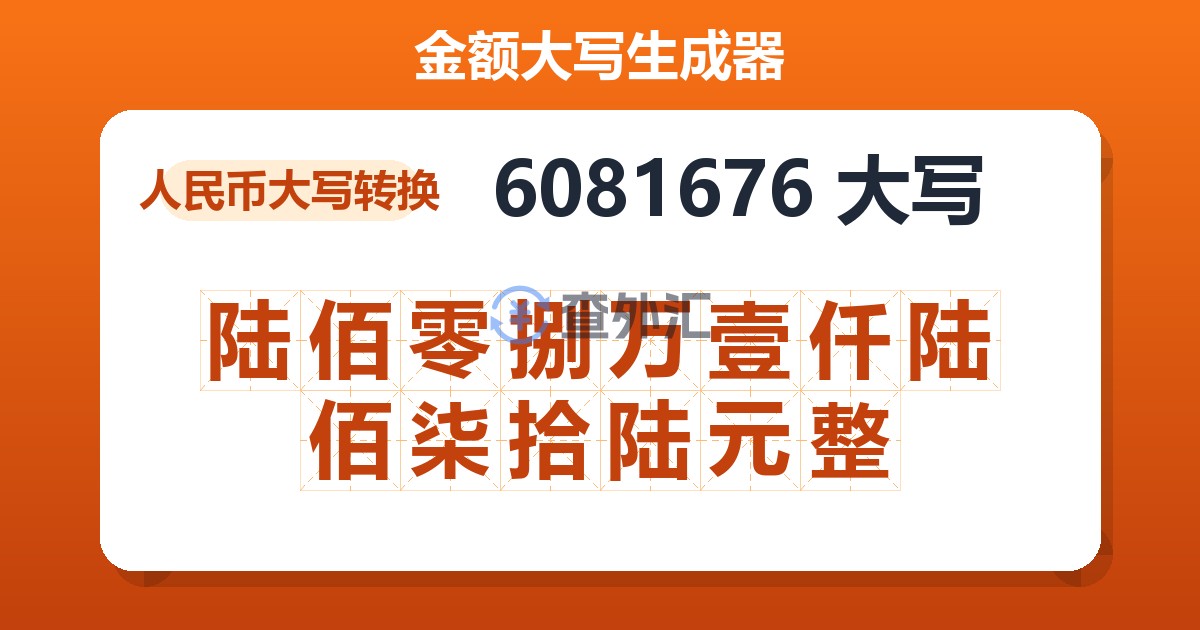 6081676大写 陆佰零捌万壹仟陆佰柒拾陆元整