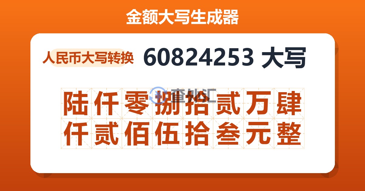 60824253大写 陆仟零捌拾贰万肆仟贰佰伍拾叁元整