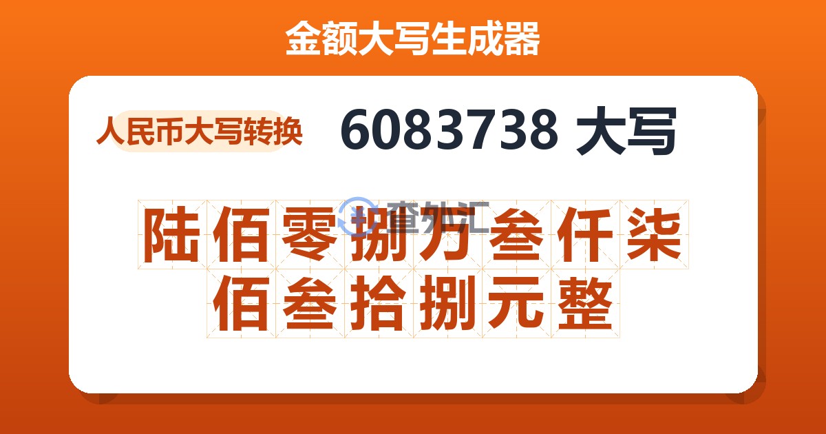 6083738大写 陆佰零捌万叁仟柒佰叁拾捌元整