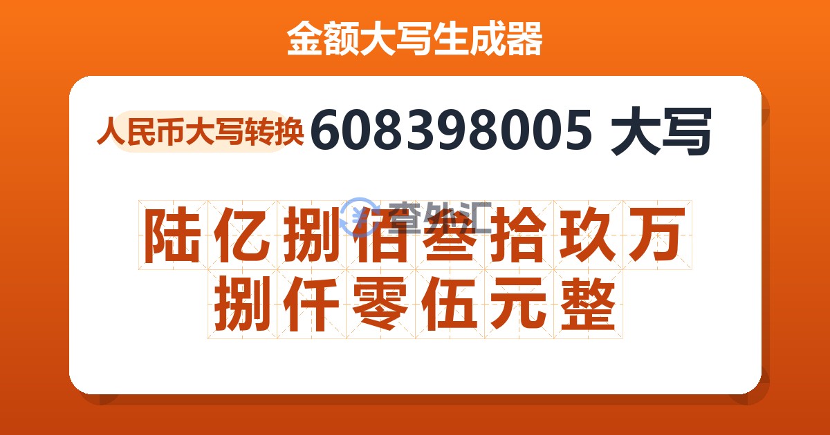 608398005大写 陆亿捌佰叁拾玖万捌仟零伍元整