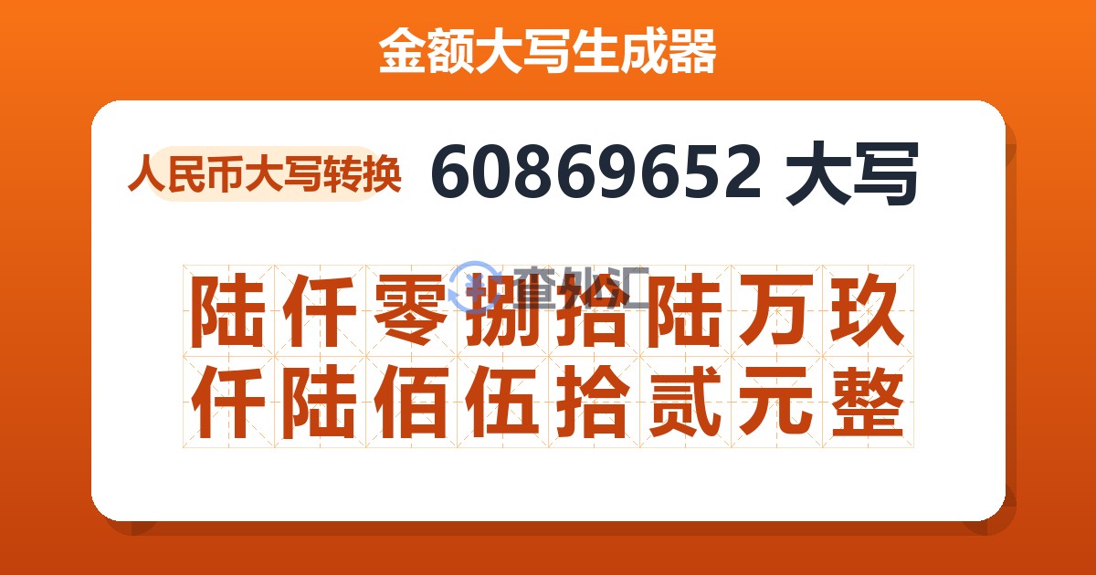 60869652大写 陆仟零捌拾陆万玖仟陆佰伍拾贰元整