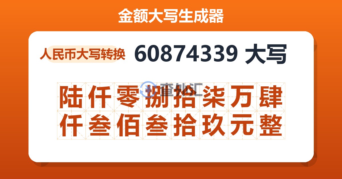 60874339大写 陆仟零捌拾柒万肆仟叁佰叁拾玖元整