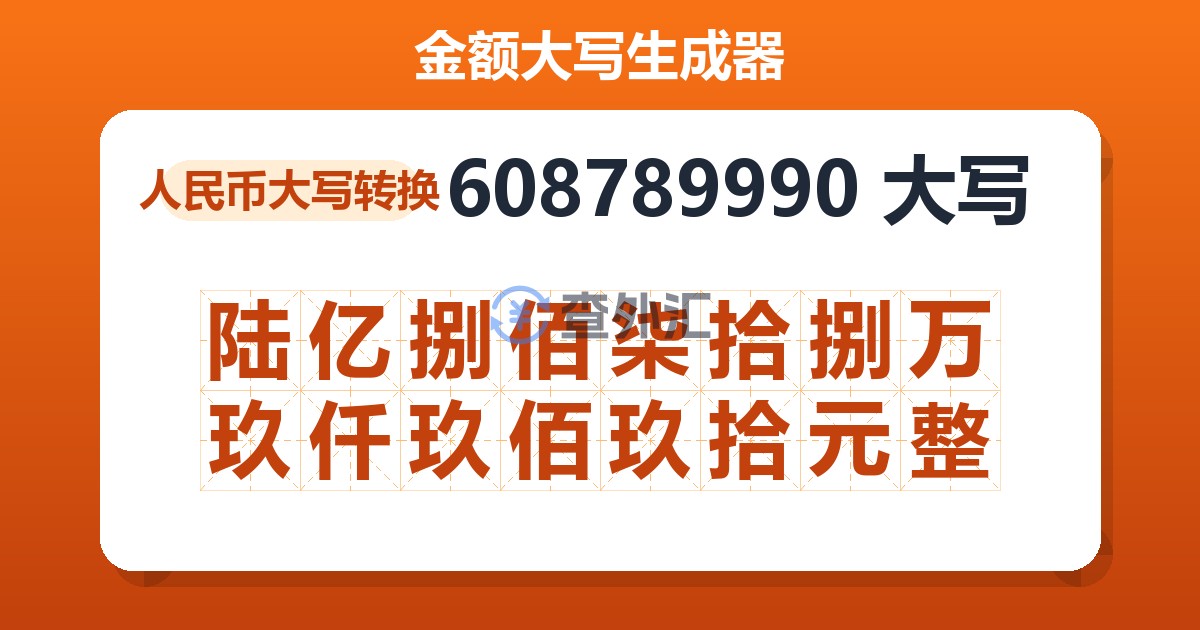608789990大写 陆亿捌佰柒拾捌万玖仟玖佰玖拾元整