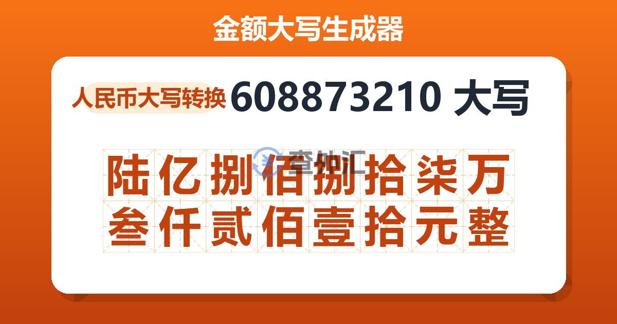 608873210大写 陆亿捌佰捌拾柒万叁仟贰佰壹拾元整