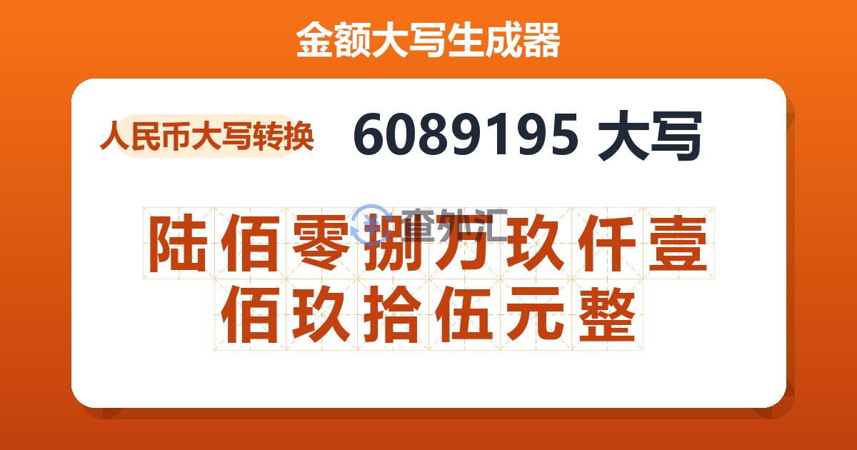 6089195大写 陆佰零捌万玖仟壹佰玖拾伍元整