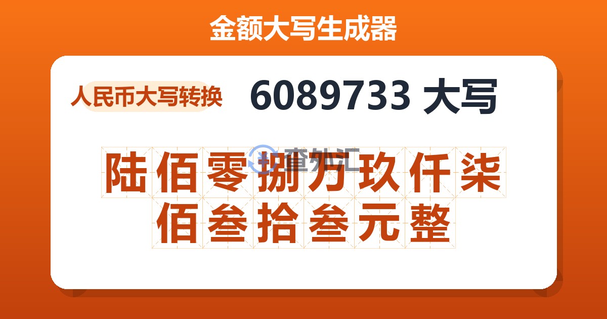 6089733大写 陆佰零捌万玖仟柒佰叁拾叁元整