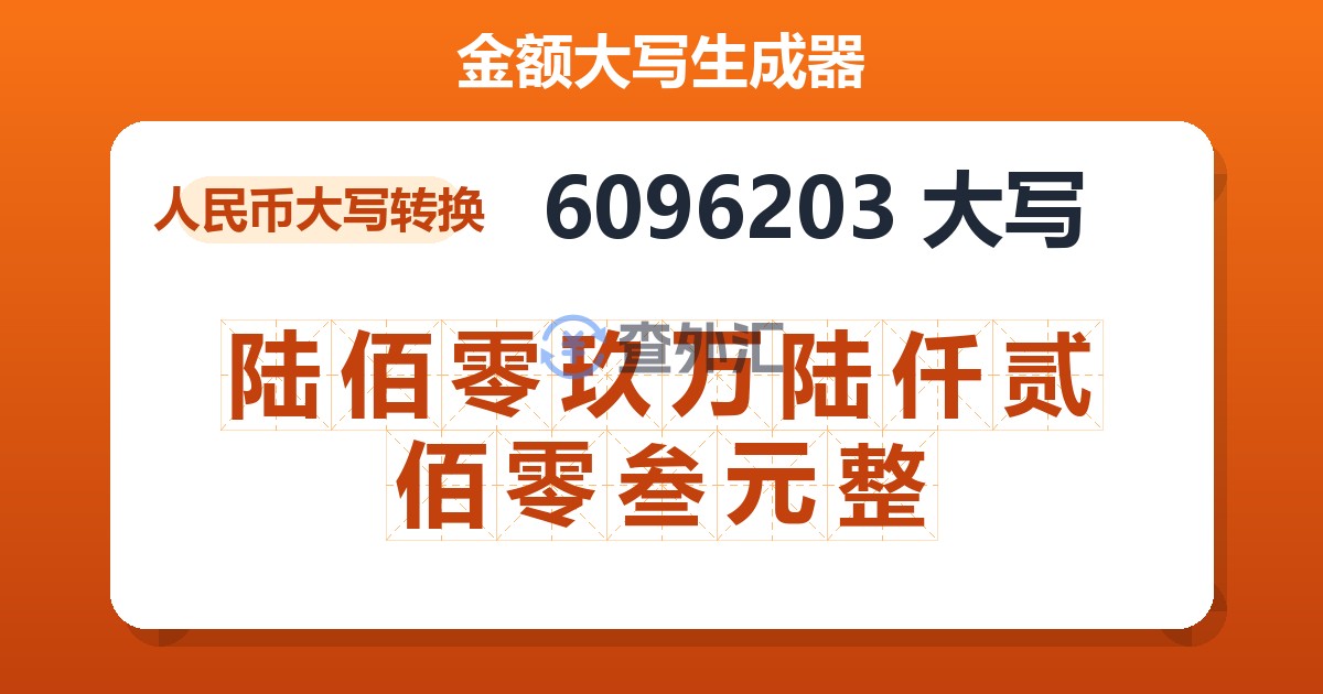 6096203大写 陆佰零玖万陆仟贰佰零叁元整