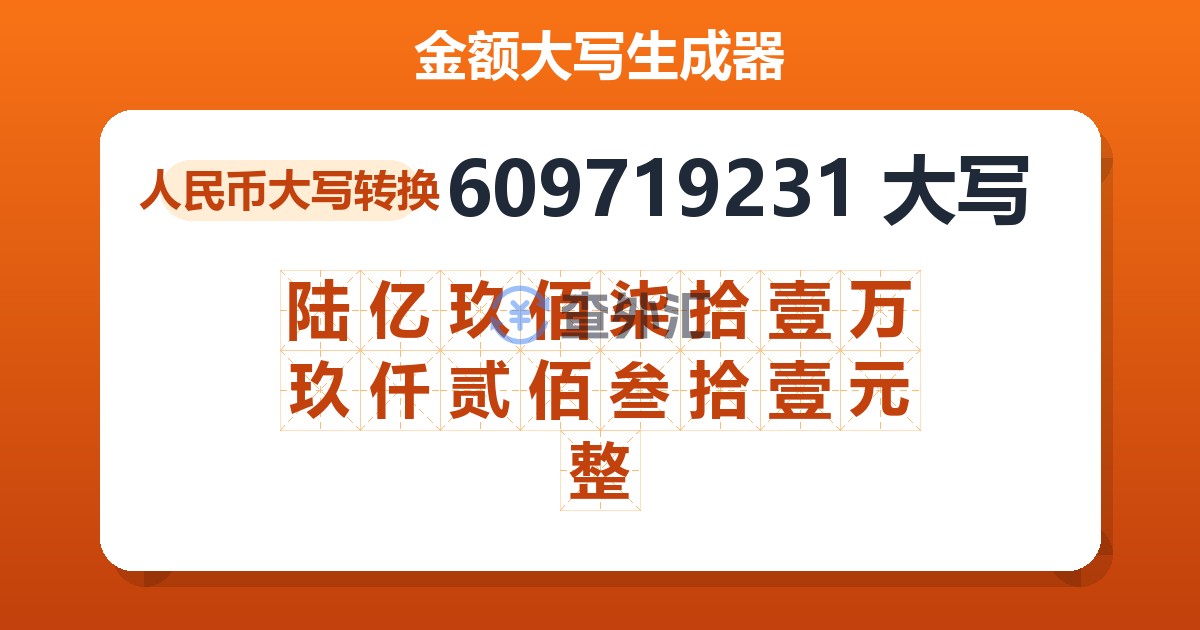 609719231大写 陆亿玖佰柒拾壹万玖仟贰佰叁拾壹元整