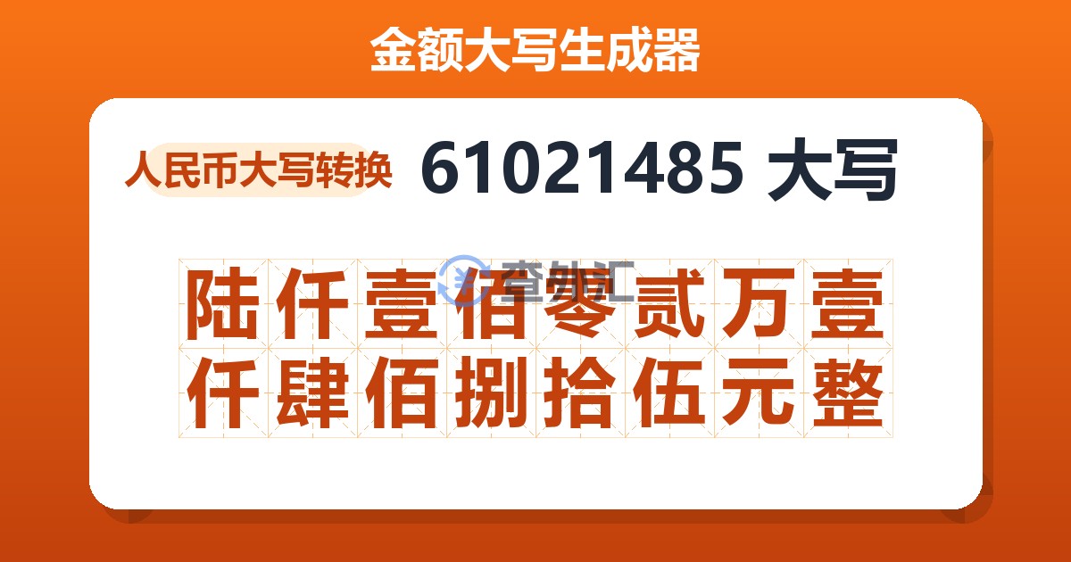 61021485大写 陆仟壹佰零贰万壹仟肆佰捌拾伍元整