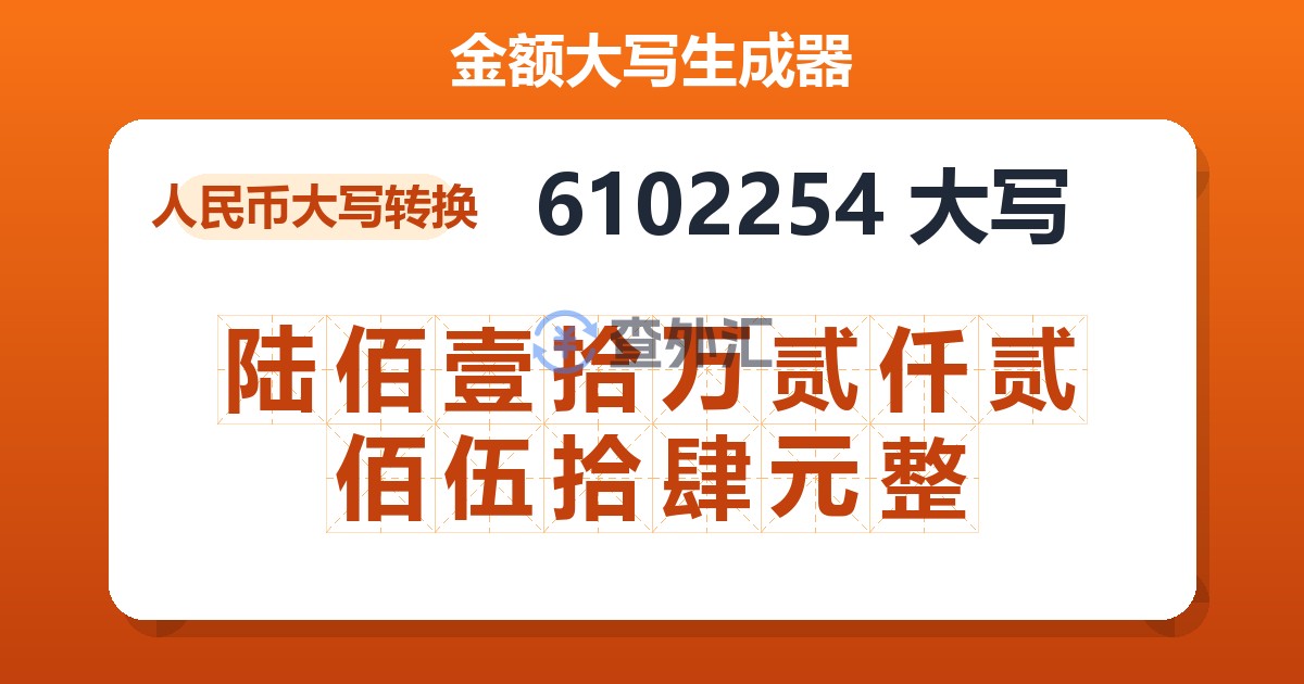 6102254大写 陆佰壹拾万贰仟贰佰伍拾肆元整