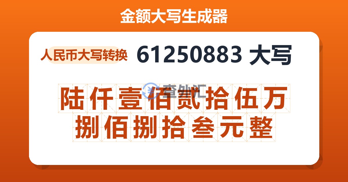 61250883大写 陆仟壹佰贰拾伍万捌佰捌拾叁元整
