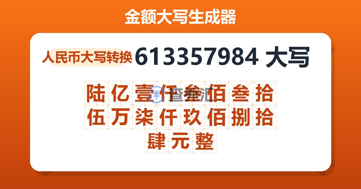 613357984大写 陆亿壹仟叁佰叁拾伍万柒仟玖佰捌拾肆元整