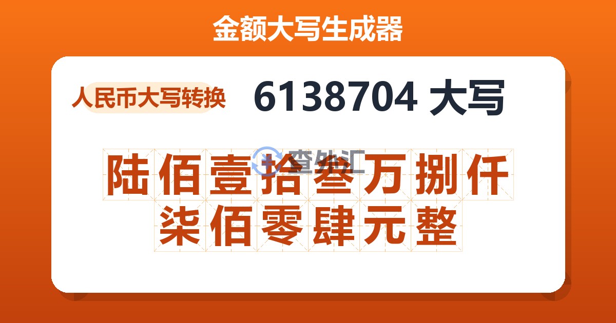 6138704大写 陆佰壹拾叁万捌仟柒佰零肆元整