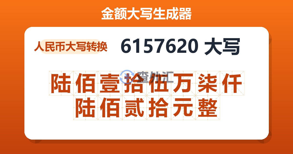 6157620大写 陆佰壹拾伍万柒仟陆佰贰拾元整