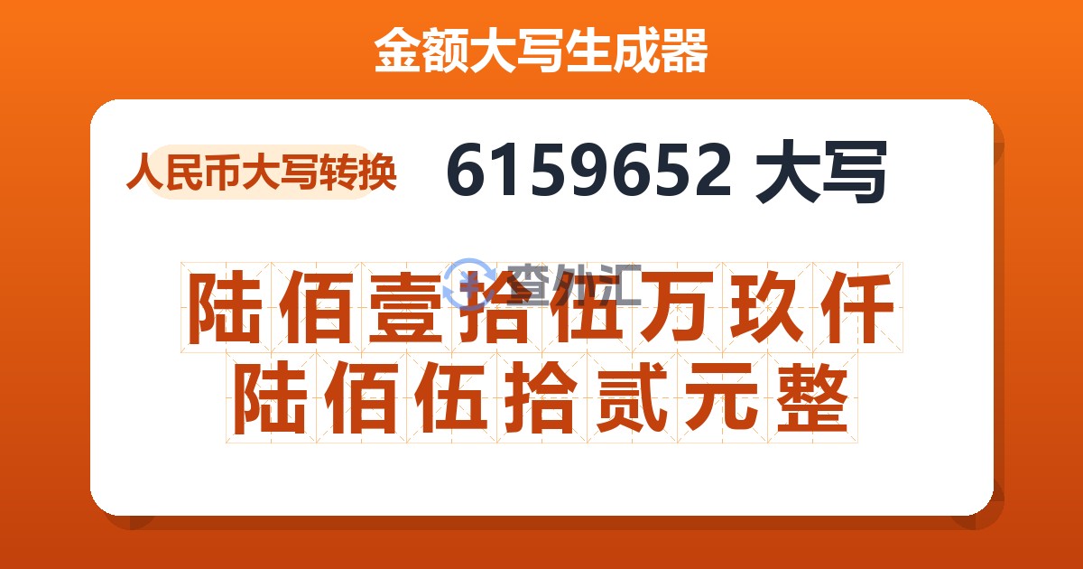 6159652大写 陆佰壹拾伍万玖仟陆佰伍拾贰元整