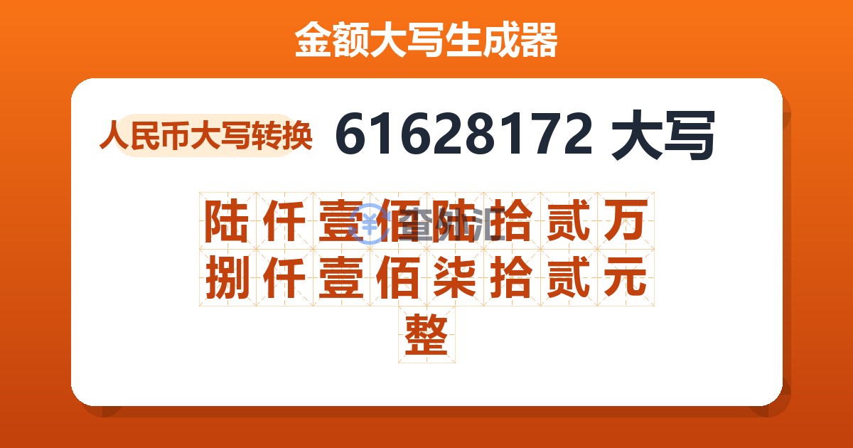 61628172大写 陆仟壹佰陆拾贰万捌仟壹佰柒拾贰元整
