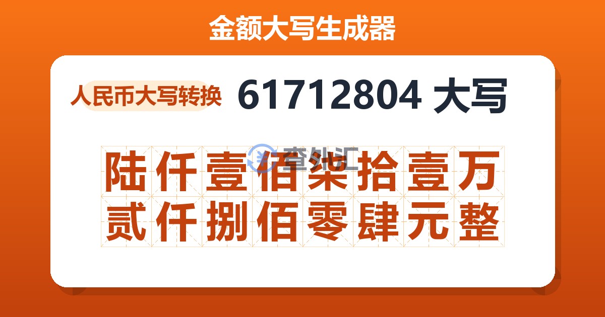 61712804大写 陆仟壹佰柒拾壹万贰仟捌佰零肆元整