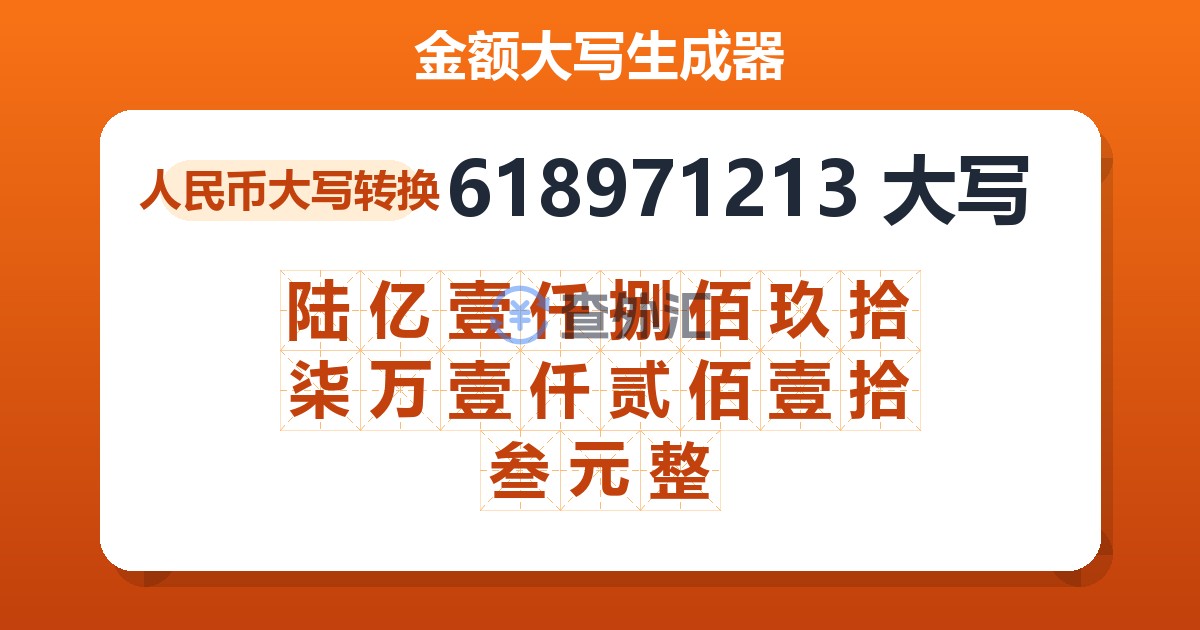 618971213大写 陆亿壹仟捌佰玖拾柒万壹仟贰佰壹拾叁元整