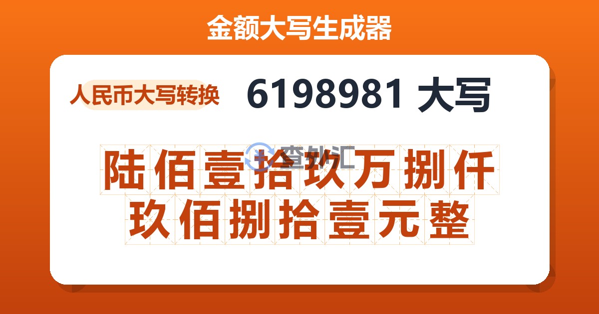 6198981大写 陆佰壹拾玖万捌仟玖佰捌拾壹元整