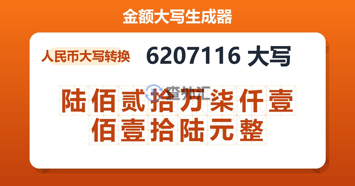 6207116大写 陆佰贰拾万柒仟壹佰壹拾陆元整