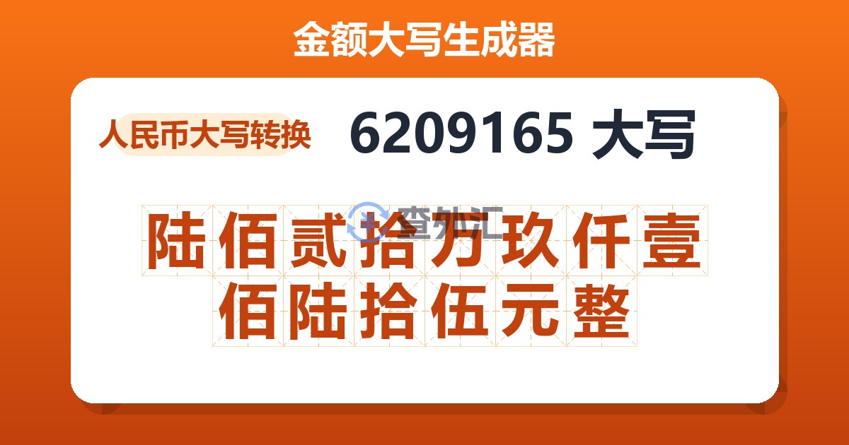 6209165大写 陆佰贰拾万玖仟壹佰陆拾伍元整