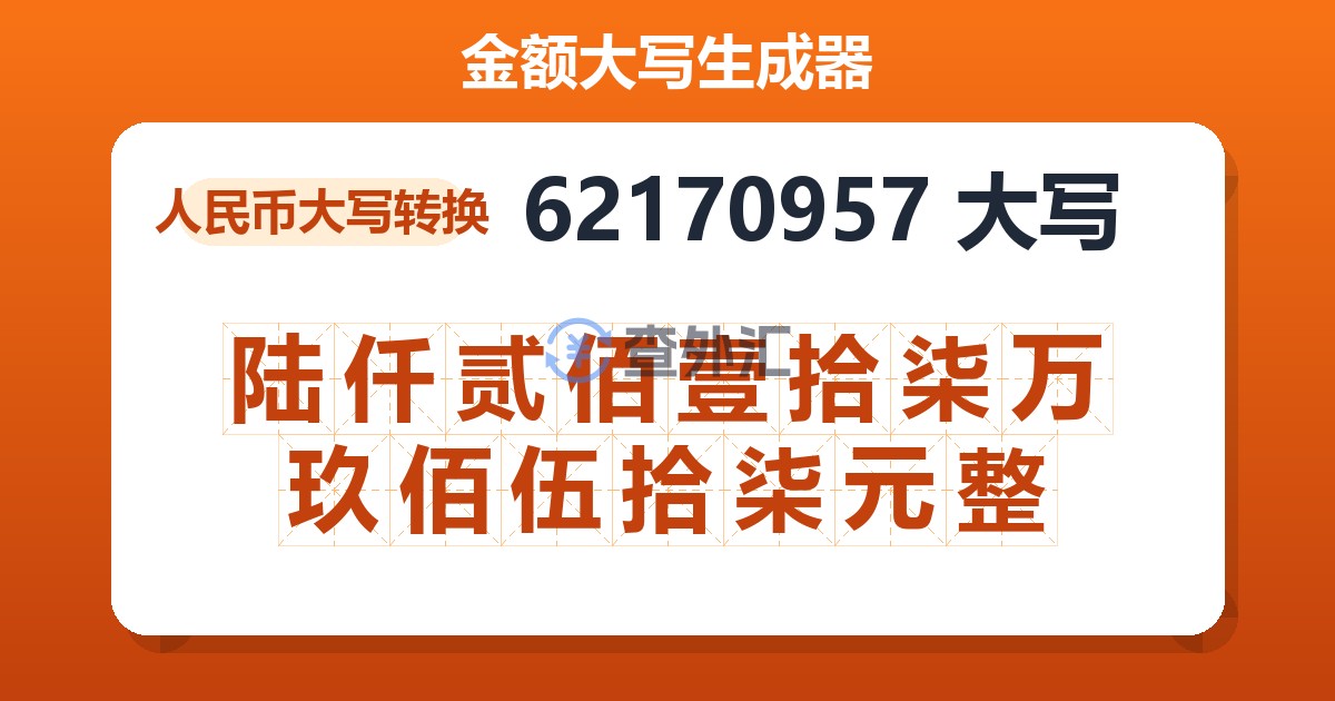 62170957大写 陆仟贰佰壹拾柒万玖佰伍拾柒元整