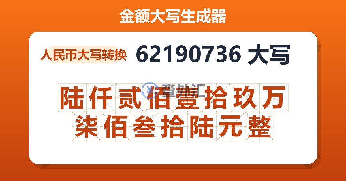 62190736大写 陆仟贰佰壹拾玖万柒佰叁拾陆元整