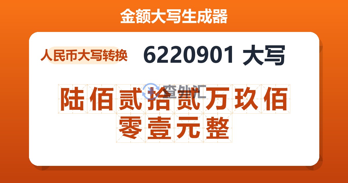 6220901大写 陆佰贰拾贰万玖佰零壹元整