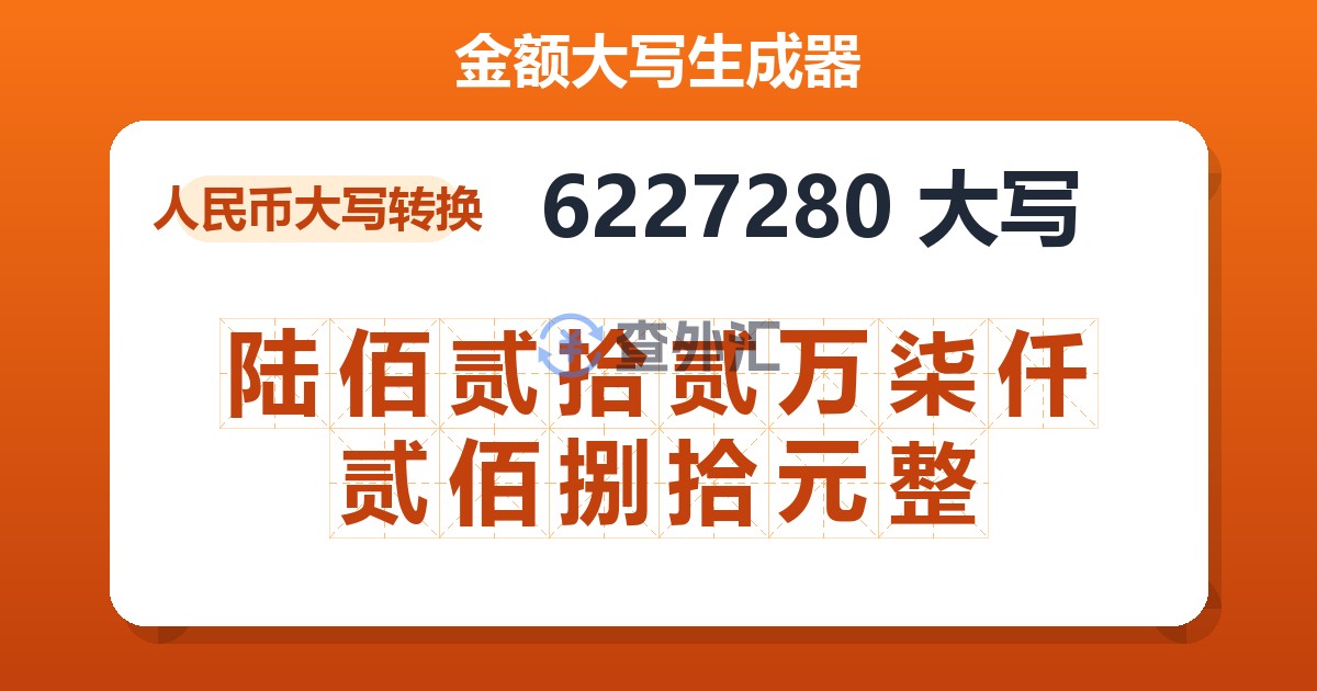 6227280大写 陆佰贰拾贰万柒仟贰佰捌拾元整