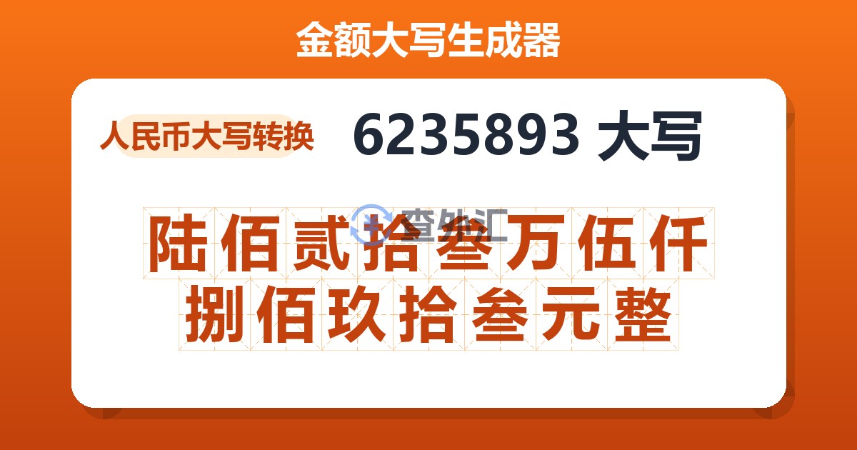 6235893大写 陆佰贰拾叁万伍仟捌佰玖拾叁元整