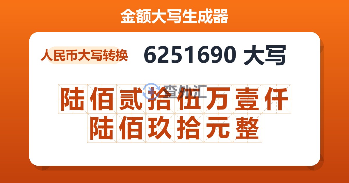 6251690大写 陆佰贰拾伍万壹仟陆佰玖拾元整