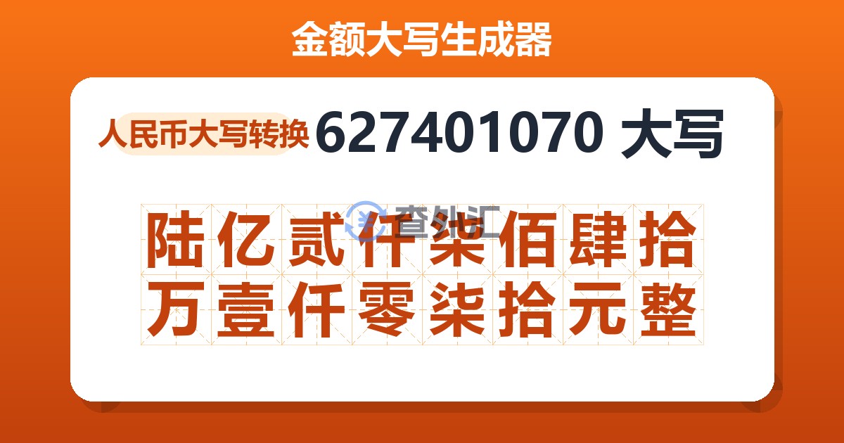627401070大写 陆亿贰仟柒佰肆拾万壹仟零柒拾元整