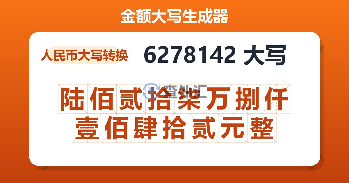 6278142大写 陆佰贰拾柒万捌仟壹佰肆拾贰元整