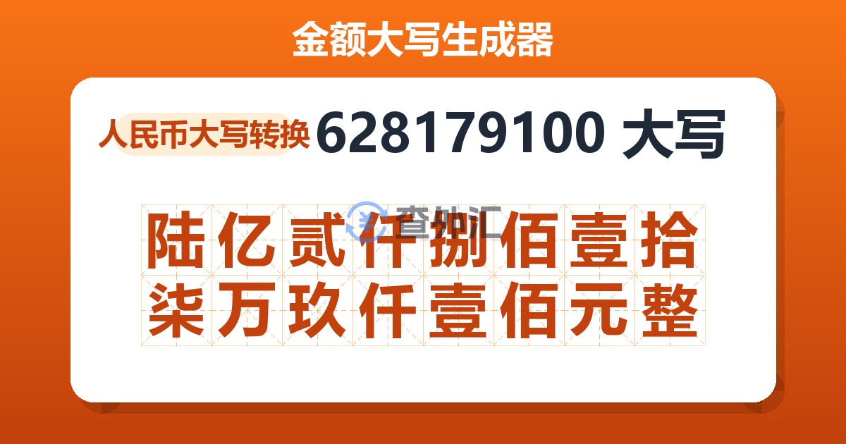 628179100大写 陆亿贰仟捌佰壹拾柒万玖仟壹佰元整