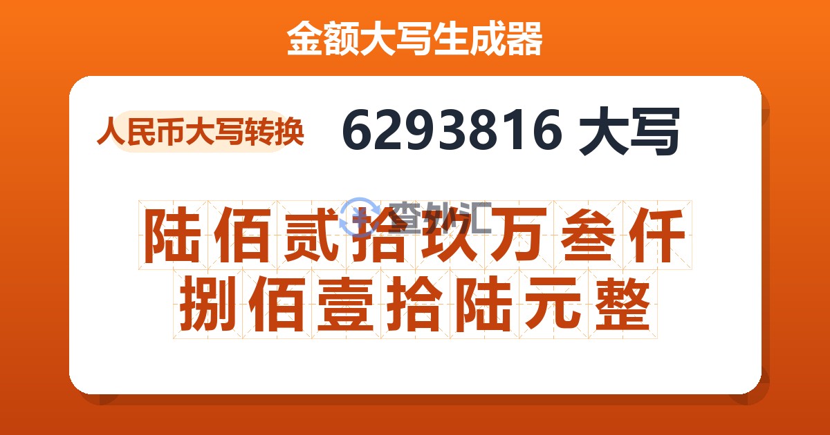 6293816大写 陆佰贰拾玖万叁仟捌佰壹拾陆元整