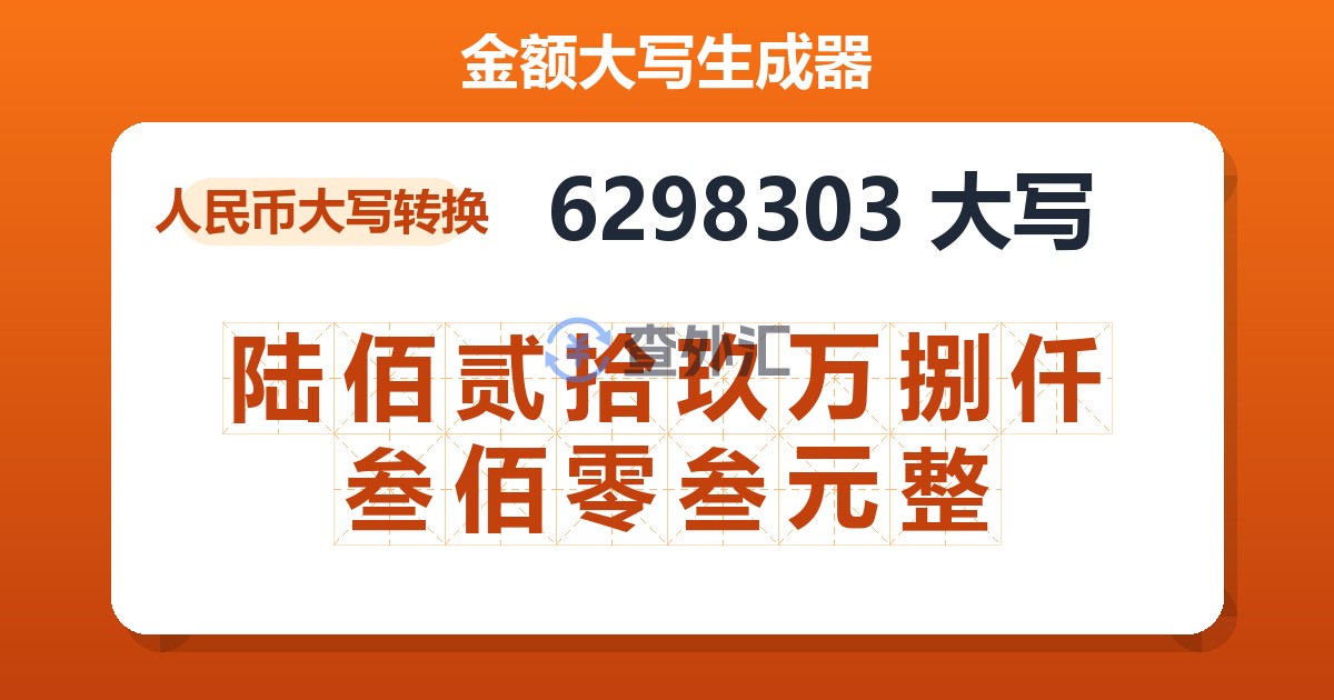 6298303大写 陆佰贰拾玖万捌仟叁佰零叁元整