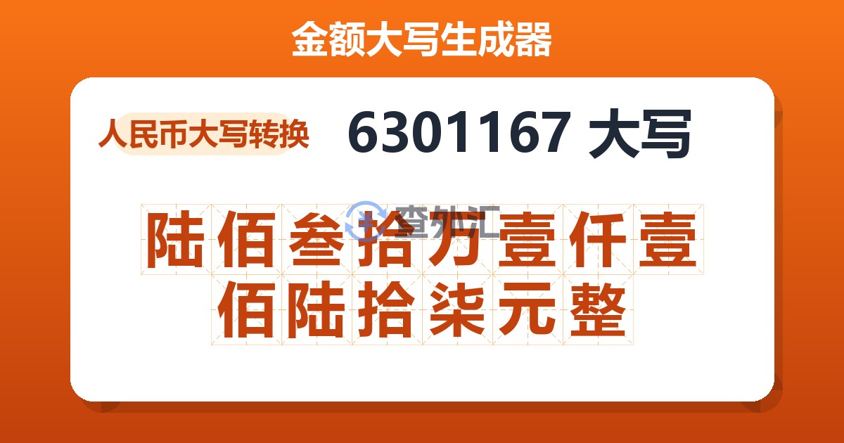 6301167大写 陆佰叁拾万壹仟壹佰陆拾柒元整