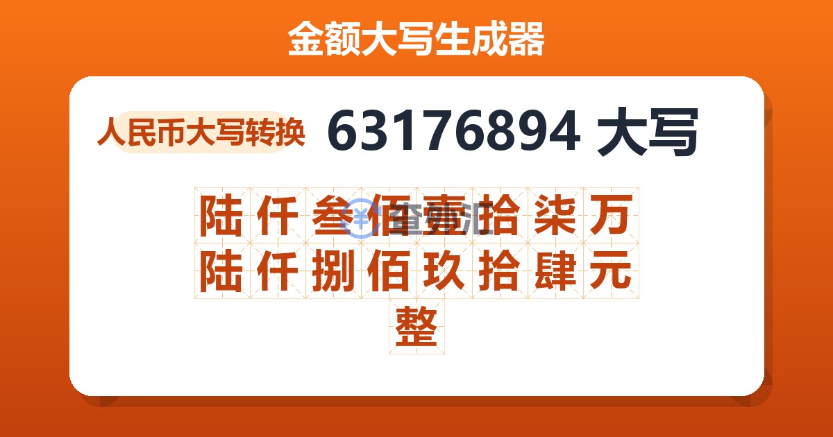 63176894大写 陆仟叁佰壹拾柒万陆仟捌佰玖拾肆元整
