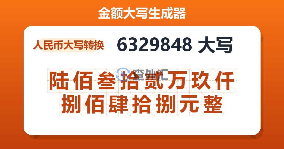 6329848大写 陆佰叁拾贰万玖仟捌佰肆拾捌元整