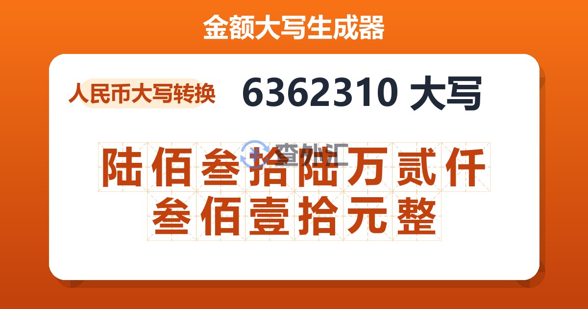 6362310大写 陆佰叁拾陆万贰仟叁佰壹拾元整