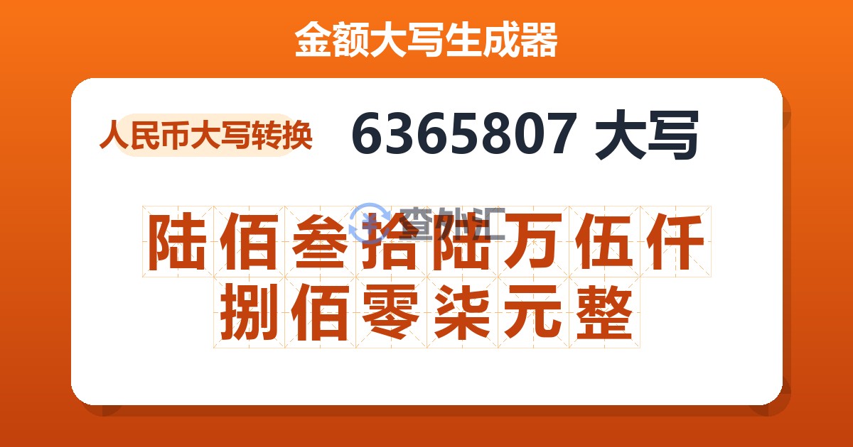 6365807大写 陆佰叁拾陆万伍仟捌佰零柒元整