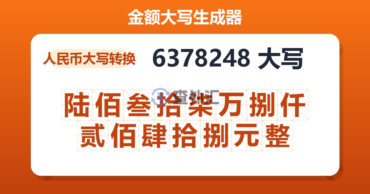 6378248大写 陆佰叁拾柒万捌仟贰佰肆拾捌元整