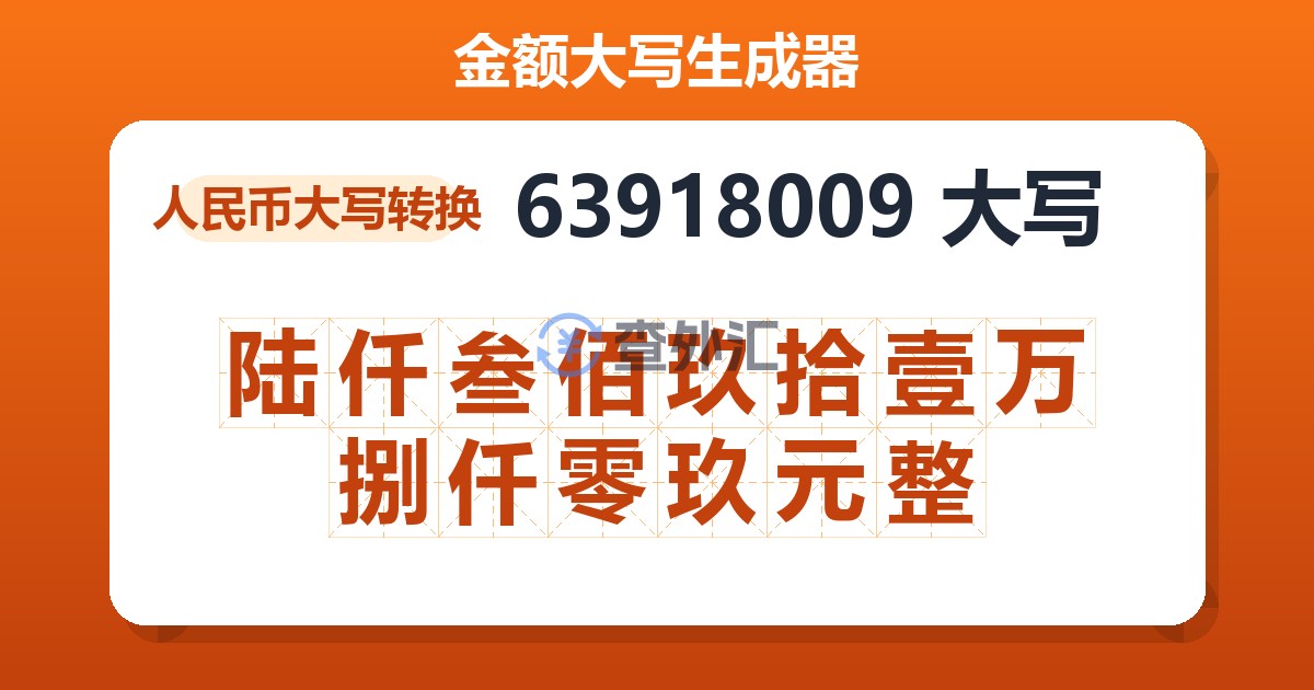 63918009大写 陆仟叁佰玖拾壹万捌仟零玖元整