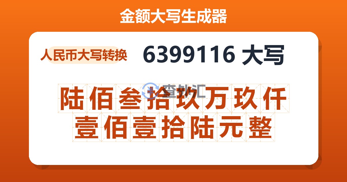 6399116大写 陆佰叁拾玖万玖仟壹佰壹拾陆元整