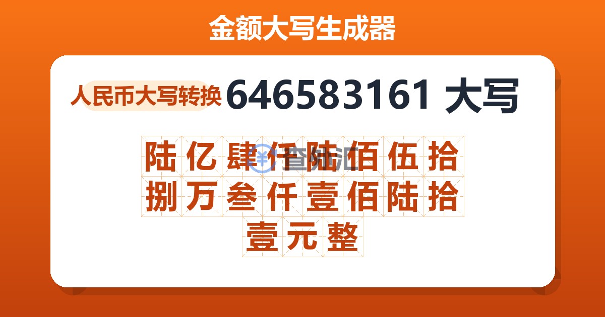 646583161大写 陆亿肆仟陆佰伍拾捌万叁仟壹佰陆拾壹元整