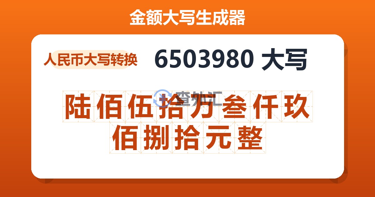 6503980大写 陆佰伍拾万叁仟玖佰捌拾元整