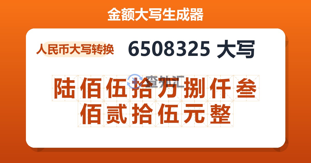 6508325大写 陆佰伍拾万捌仟叁佰贰拾伍元整